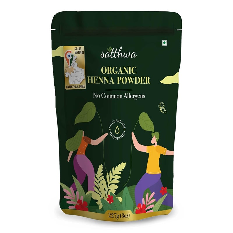 Satthwa Organic Henna Powder Mehndi Powder 227gm 8oz  100 Pure and Natural Lawsonia Inermis  Henna for Cools Scalp Nourishes  Deep Conditions Rich Brown Hair Colour and Covering Greys
