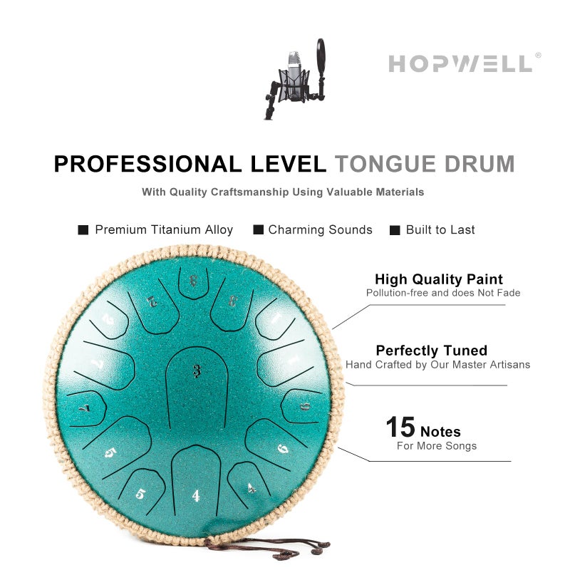 HOPWELL درام لسان ستيل هوبويل - 13 بوصة 15 نغمة - درام بان يدوي مع كتاب موسيقي، عصي درام بان وحقيبة حمل، مفتاح ري (أخضر مالاشيت) - Image 3