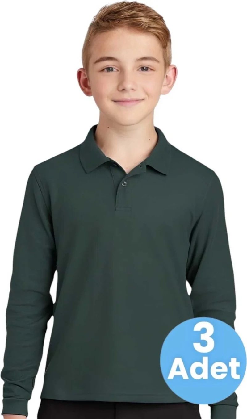 تيزجيلسين 3-Piece Boy Long Sleeve Cotton Polo Neck T-Shirt Daily and School Uniform School T-Shirt