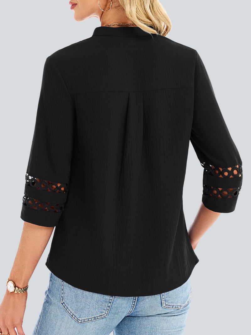 Funlingo 3/4 Length Sleeve Womens Tops Bussiness Casual Dressy Blouses Trendy V Neck Lace Pleated Work Shirts Spring Office Outfits 2026 Black L - Image 4
