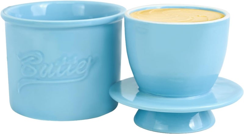 MSJGA Butter Crock for Counter with Water, French Butter Keeper for Spreadable Butter Ceramic Butter Dish with Lid for Countertop, Butter Container Holder, Home Kitchen Decor (Blue, M) - Image 1