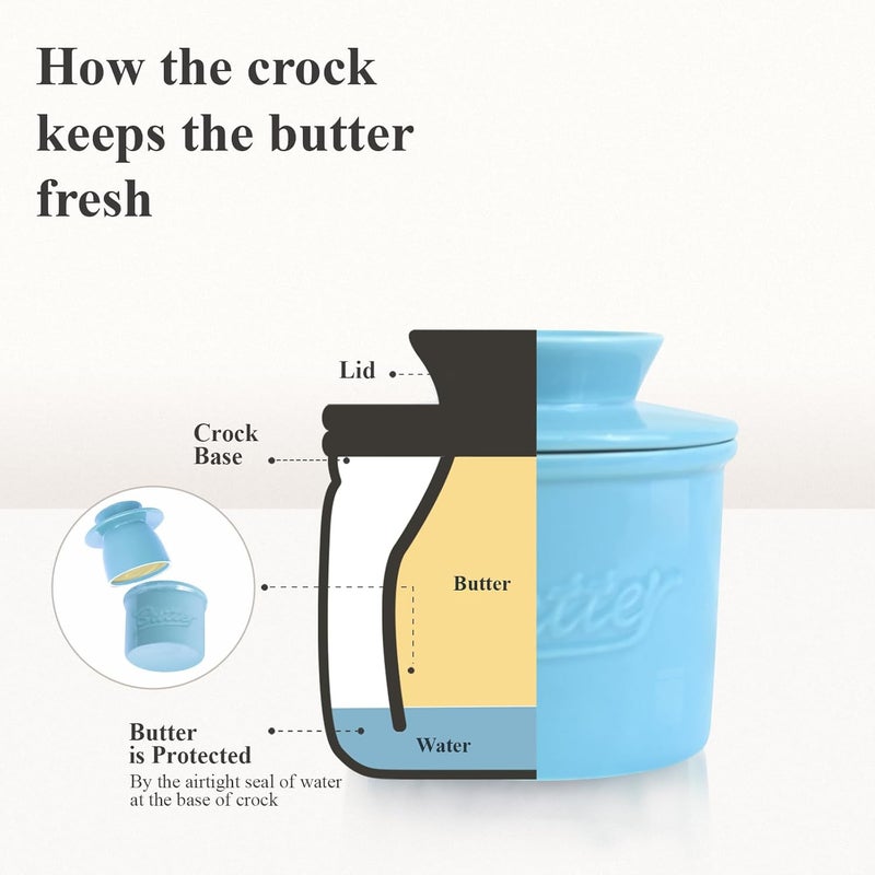MSJGA Butter Crock for Counter with Water, French Butter Keeper for Spreadable Butter Ceramic Butter Dish with Lid for Countertop, Butter Container Holder, Home Kitchen Decor (Blue, M) - Image 5