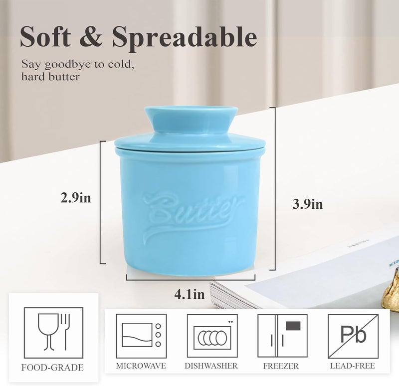 MSJGA Butter Crock for Counter with Water, French Butter Keeper for Spreadable Butter Ceramic Butter Dish with Lid for Countertop, Butter Container Holder, Home Kitchen Decor (Blue, M) - Image 3