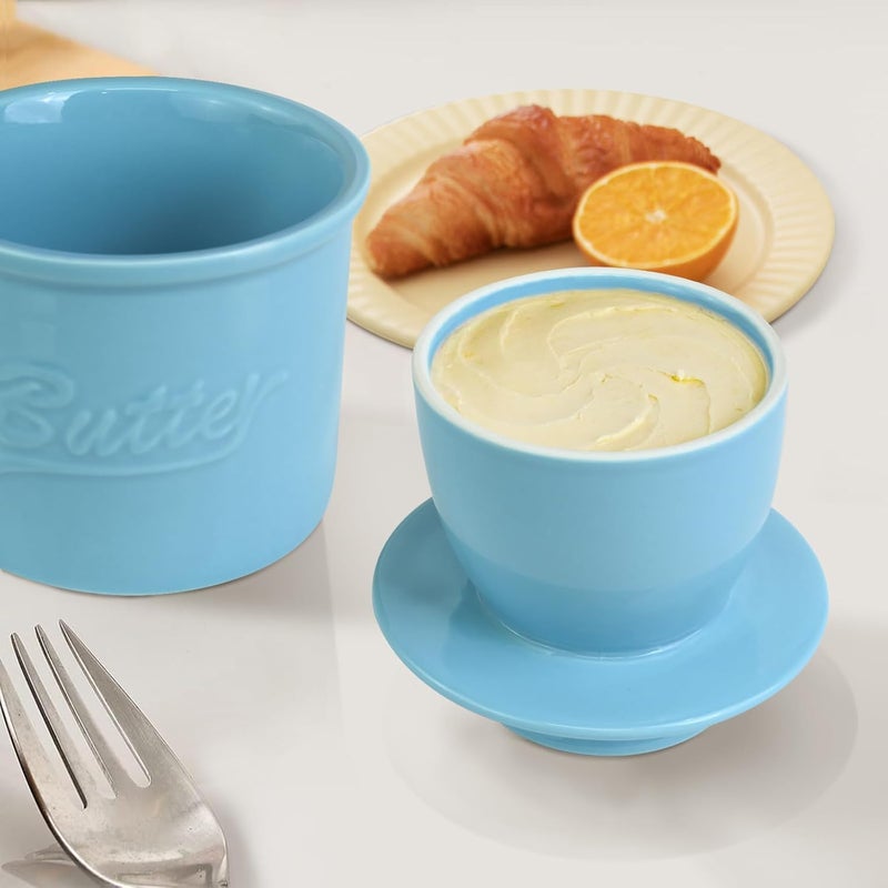 MSJGA Butter Crock for Counter with Water, French Butter Keeper for Spreadable Butter Ceramic Butter Dish with Lid for Countertop, Butter Container Holder, Home Kitchen Decor (Blue, M) - Image 2