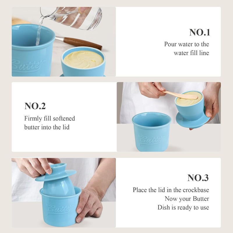 MSJGA Butter Crock for Counter with Water, French Butter Keeper for Spreadable Butter Ceramic Butter Dish with Lid for Countertop, Butter Container Holder, Home Kitchen Decor (Blue, M) - Image 4