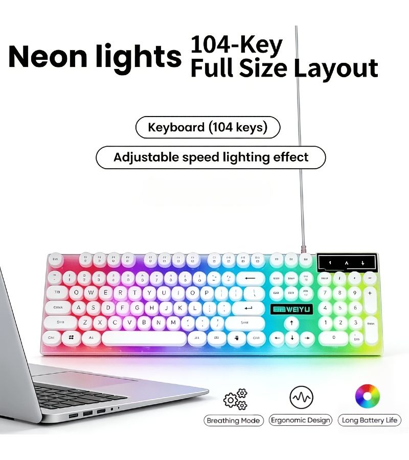 لوحة مفاتيح GTX300 بيضاء مع أغطية مفاتيح دائرية، إضاءة خلفية بمصابيح LED، مفاتيح وسائط متعددة، لوحة شفافة، متصلة بموصل USB. - Image 1