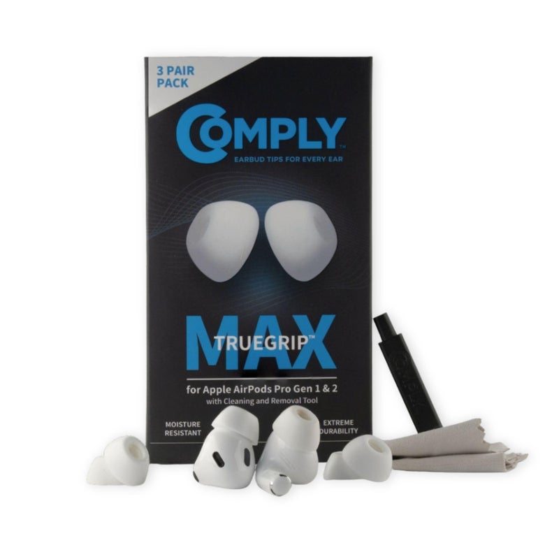 Comply TrueGrip MAX | Premium Memory Foam Replacement Earbud Tips for Apple AirPods Pro 1 & 2 | Long Lasting Comfort, Extreme Durability, Secure Fit, Superior Noise Isolation| White (Medium) (3 Pairs) - Image 1
