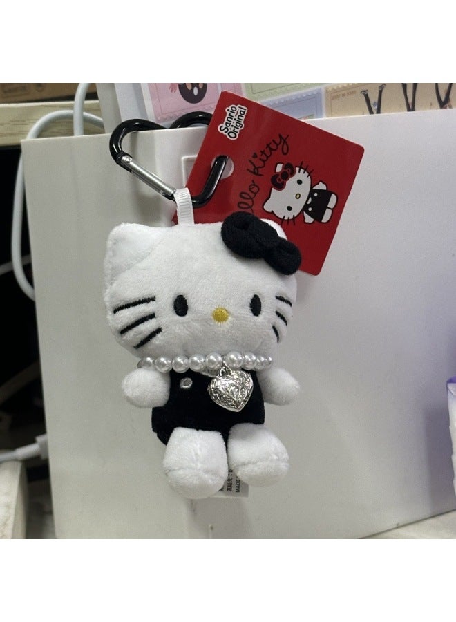 Chanel Style Hellokitty Cat Pendant Doll Plush Schoolbag Doll Cute Bag Pendant Kitty Keychain-Specifications:Black Kt + Small Love Pearl Necklace [with Tag] - Image 1