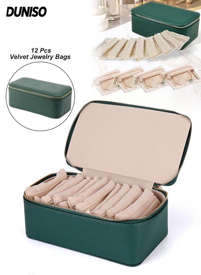DUNISO Jewelry Box Organzier for Travel,Jewelry Organizer with 12 Pcs Velvet Jewelry Bags,Travel Leather Jewelry Case,Anti-Fouling and Anti-Dust,Suitable for Storing Necklaces, Bracelets, Earrings, Rings,21.5*11.5*8.5cm - Image 1