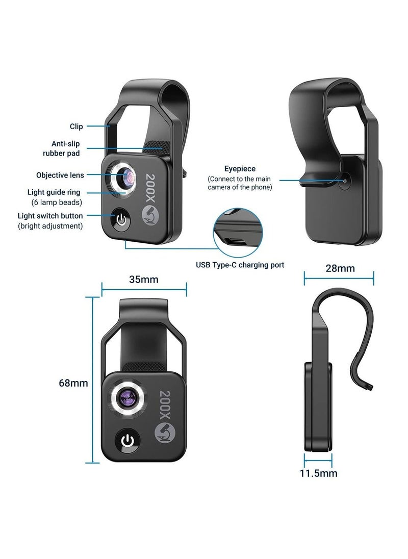 KASTWAVE - Mobile Phone Microscope, 200x Mini Pocket Microscope with LED Light/ Universal Clip Portable Digital Magnifier Camera Accessory with CPL Lens Compatible with iPhone/Andriod Phones(Black) - Image 1