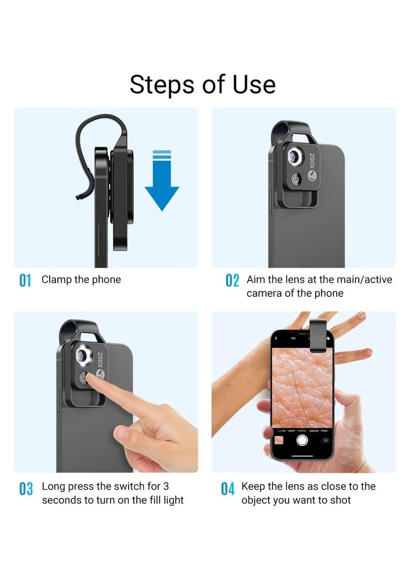 KASTWAVE - Mobile Phone Microscope, 200x Mini Pocket Microscope with LED Light/ Universal Clip Portable Digital Magnifier Camera Accessory with CPL Lens Compatible with iPhone/Andriod Phones(Black) - Image 1