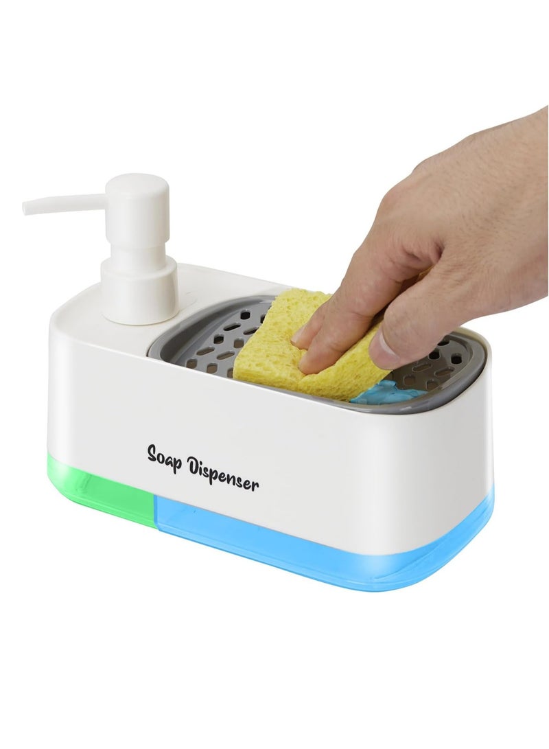 ON MART Dishwashing Liquid Dispenser Kitchen, 3-in-1 Countertop Dish Detergent Soap Dispenser Set, Hand Washing Liquid Dispenser Set with Sponge Holder, Sink Bathroom Countertop Useful Kitchen Gadgets - White - Image 1