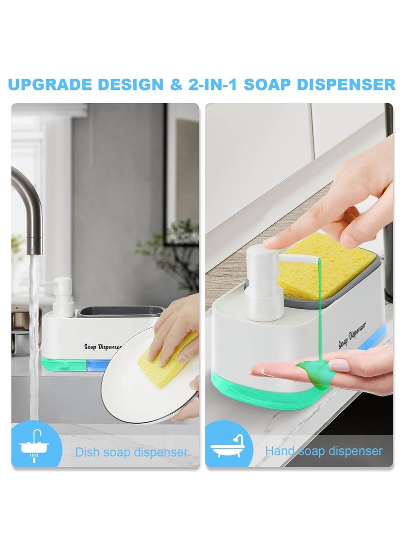 ON MART Dishwashing Liquid Dispenser Kitchen, 3-in-1 Countertop Dish Detergent Soap Dispenser Set, Hand Washing Liquid Dispenser Set with Sponge Holder, Sink Bathroom Countertop Useful Kitchen Gadgets - White - Image 2