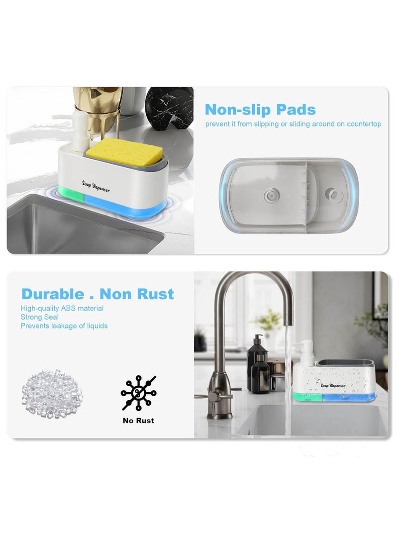 ON MART Dishwashing Liquid Dispenser Kitchen, 3-in-1 Countertop Dish Detergent Soap Dispenser Set, Hand Washing Liquid Dispenser Set with Sponge Holder, Sink Bathroom Countertop Useful Kitchen Gadgets - White - Image 5