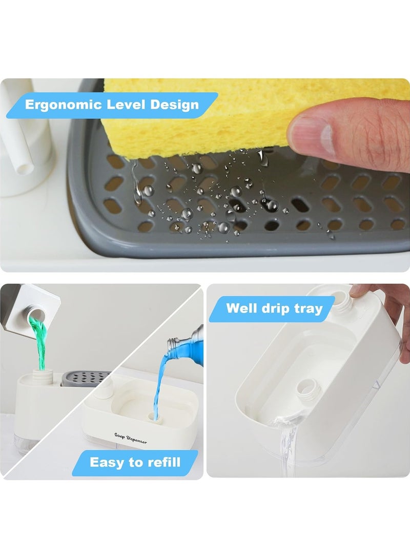 ON MART Dishwashing Liquid Dispenser Kitchen, 3-in-1 Countertop Dish Detergent Soap Dispenser Set, Hand Washing Liquid Dispenser Set with Sponge Holder, Sink Bathroom Countertop Useful Kitchen Gadgets - White - Image 3