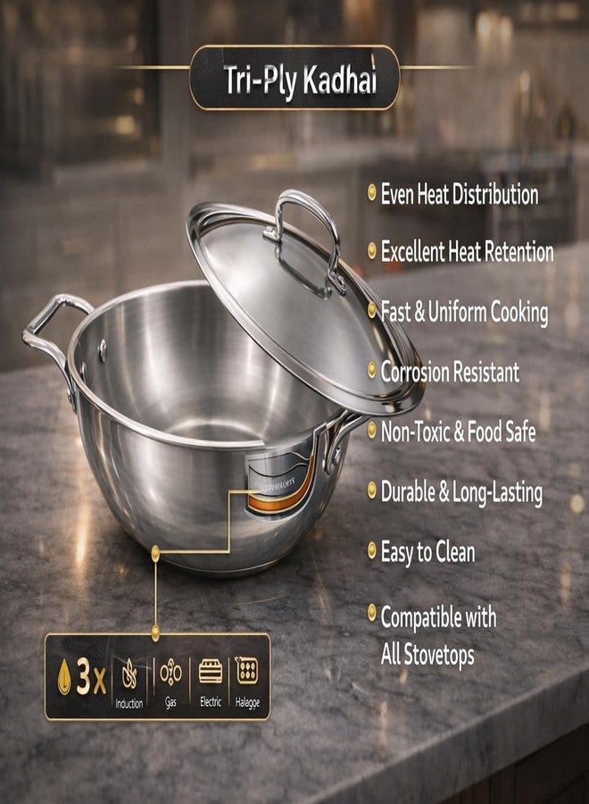 WEKTU Triply Stainless Steel Kadhai with Lid, 24 cm Diameter, 3 Litre Capacity, Induction Compatible - Image 3