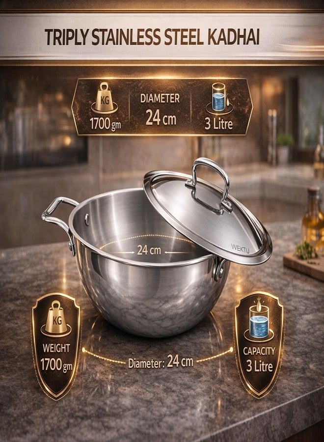 WEKTU Triply Stainless Steel Kadhai with Lid, 24 cm Diameter, 3 Litre Capacity, Induction Compatible - Image 2