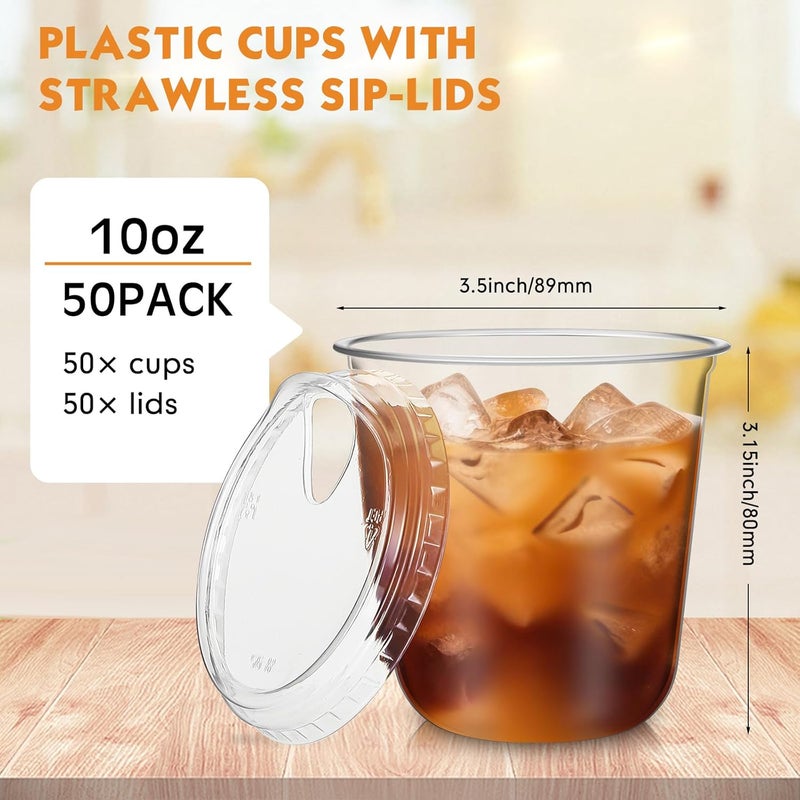 Baderke 50 Pcs Round Bottom Plastic Cups with Sip Lids Clear Disposable Iced Coffee Cups for Smoothie Cold Beverage Coffee Shops and Party Catering (10 oz,Clear) - Image 3