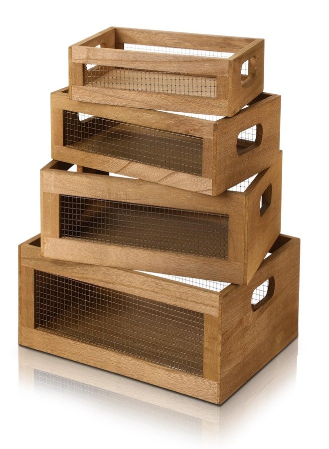 FillTouch مجموعة فيل تاتش من 4 سلال خشبية متداخلة لسطح الطاولة، 4 أحجام، صندوق تخزين خشبي بمقبض وسلك معدني، صندوق منظم خشبي متعدد الأغراض للفواكه والخضراوات، خزانة المطبخ، الحمام (بني داكن، صغير) - Image 1