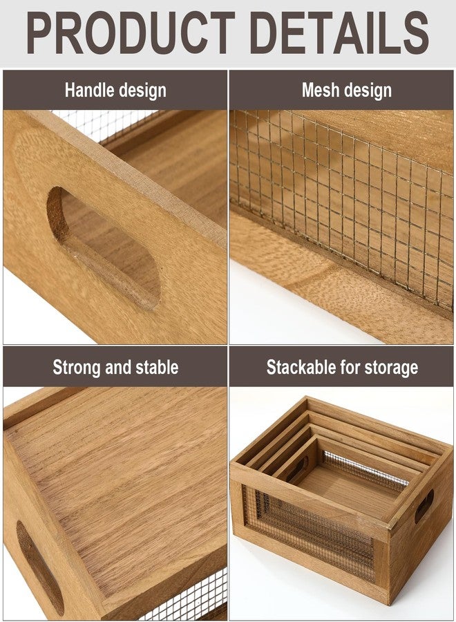 FillTouch مجموعة فيل تاتش من 4 سلال خشبية متداخلة لسطح الطاولة، 4 أحجام، صندوق تخزين خشبي بمقبض وسلك معدني، صندوق منظم خشبي متعدد الأغراض للفواكه والخضراوات، خزانة المطبخ، الحمام (بني داكن، صغير) - Image 3