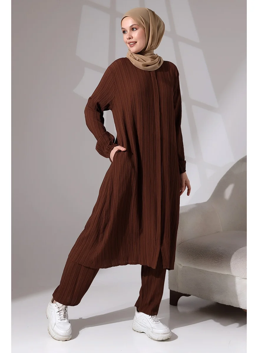 İhvan Ihvan Women's Crepe Fabric Hidden Zipper Two Piece Set Hajj Umrah Outfit Brown