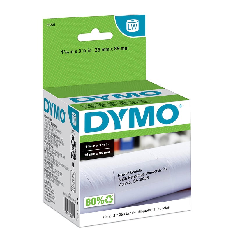Dymo ملصقات عنوان البريد الكبيرة الأصلية من DYMO، ملصقات DYMO لطابعات ملصقات LabelWriter، 1-4/10" × 3-1/2"، 2 لفات من 260 (520 إجمالي) - Image 1