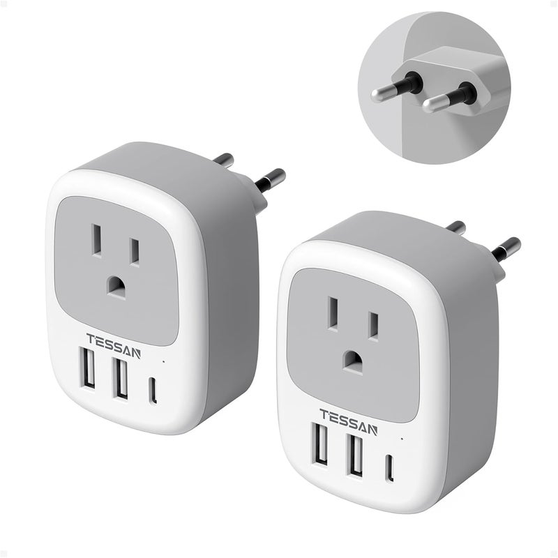 TESSAN 2 Pack European Travel Plug Adapter, US to Europe Plug Adapter with 3 USB Ports (1 USB C), Type C Power Outlet for EU International Italy Iceland Spain France Germany - Image 1