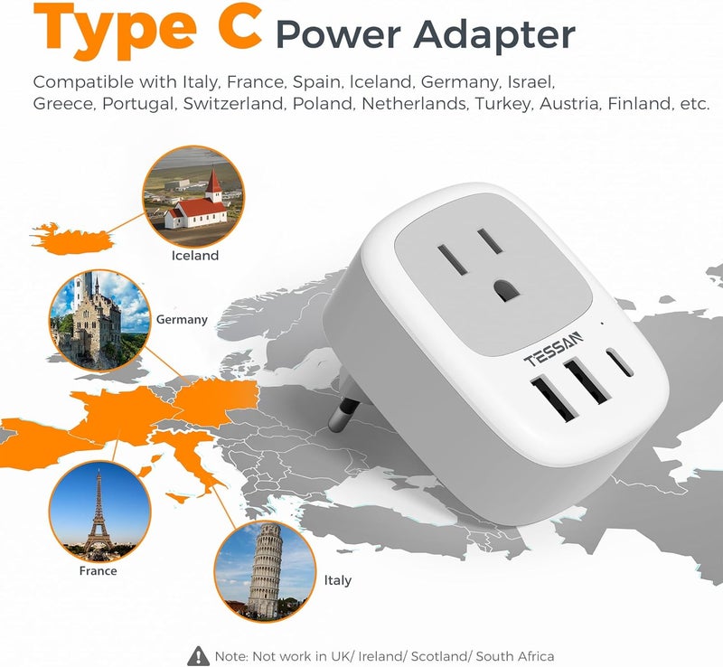 TESSAN 2 Pack European Travel Plug Adapter, US to Europe Plug Adapter with 3 USB Ports (1 USB C), Type C Power Outlet for EU International Italy Iceland Spain France Germany - Image 2