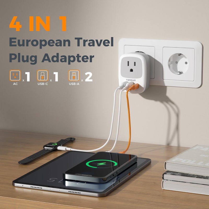 TESSAN 2 Pack European Travel Plug Adapter, US to Europe Plug Adapter with 3 USB Ports (1 USB C), Type C Power Outlet for EU International Italy Iceland Spain France Germany - Image 3