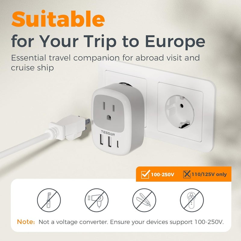 TESSAN 2 Pack European Travel Plug Adapter, US to Europe Plug Adapter with 3 USB Ports (1 USB C), Type C Power Outlet for EU International Italy Iceland Spain France Germany - Image 5