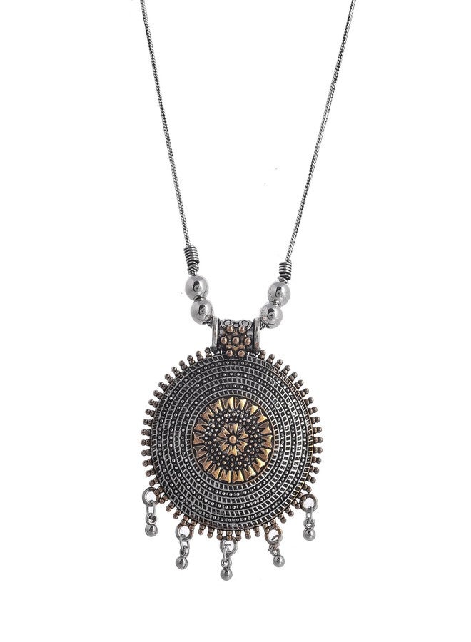 Naman Arts Oxidised Dual Tone Round Mandala Pendant Necklace for Women | Antique Ring Border with Drops | Pure Brass Lightweight Ethnic Boho Chain Necklace - Image 1