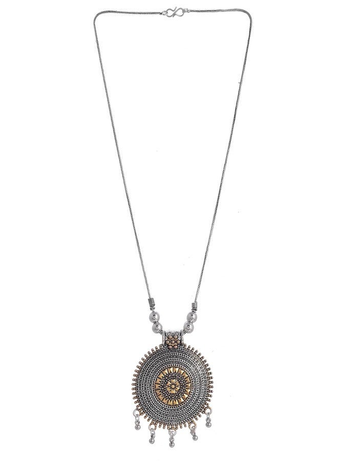Naman Arts Oxidised Dual Tone Round Mandala Pendant Necklace for Women | Antique Ring Border with Drops | Pure Brass Lightweight Ethnic Boho Chain Necklace - Image 2