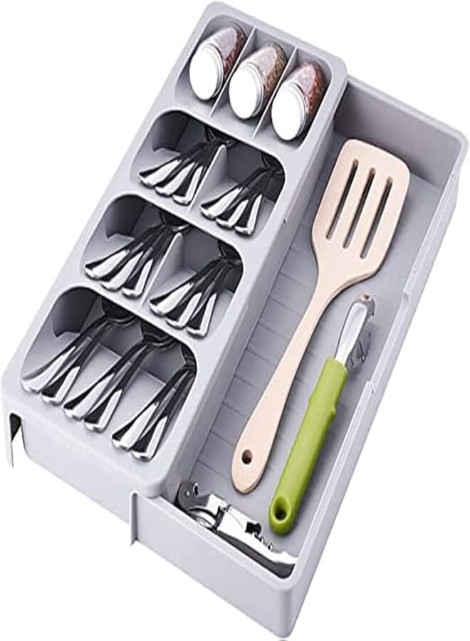 AMERTEER Kitchen Drawer Organizer | Expandable Utensil Tray, BPA-Free Flatware, Cutlery Organizer| Large Adjustable Storage for Forks, Knives, Spoons| 8 Racks Plastic Silverware Tray (40.5x16.5x5.5cm)