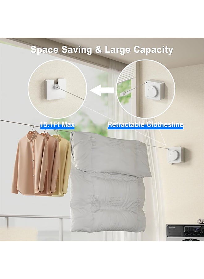 Hihonor - Retractable Clothesline, Indoor/Outdoor Clothesline, Anti-Sag Retractable Laundry Line, Stainless Steel Wall Mounted, No Hole Punching, for Home/Hotel (White, 4.8m) - Image 1