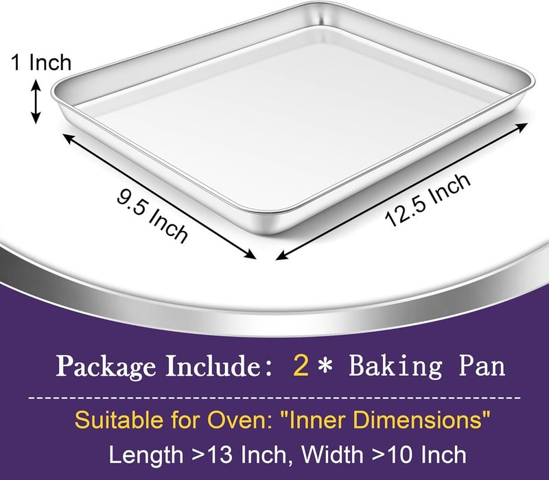 TeamFar Toaster Oven Pan Set of 2, Stainless Steel Toaster Oven Baking Tray Ovenware, 12.5’’x 9.5’’x1’’, Non Toxic & Healthy, Rust Free & Mirror Finish, Easy Clean & Dishwasher Safe - Image 2