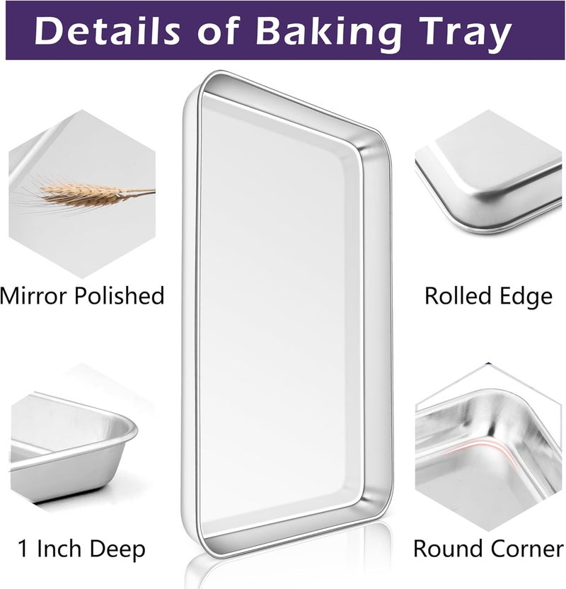 TeamFar Toaster Oven Pan Set of 2, Stainless Steel Toaster Oven Baking Tray Ovenware, 12.5’’x 9.5’’x1’’, Non Toxic & Healthy, Rust Free & Mirror Finish, Easy Clean & Dishwasher Safe - Image 3