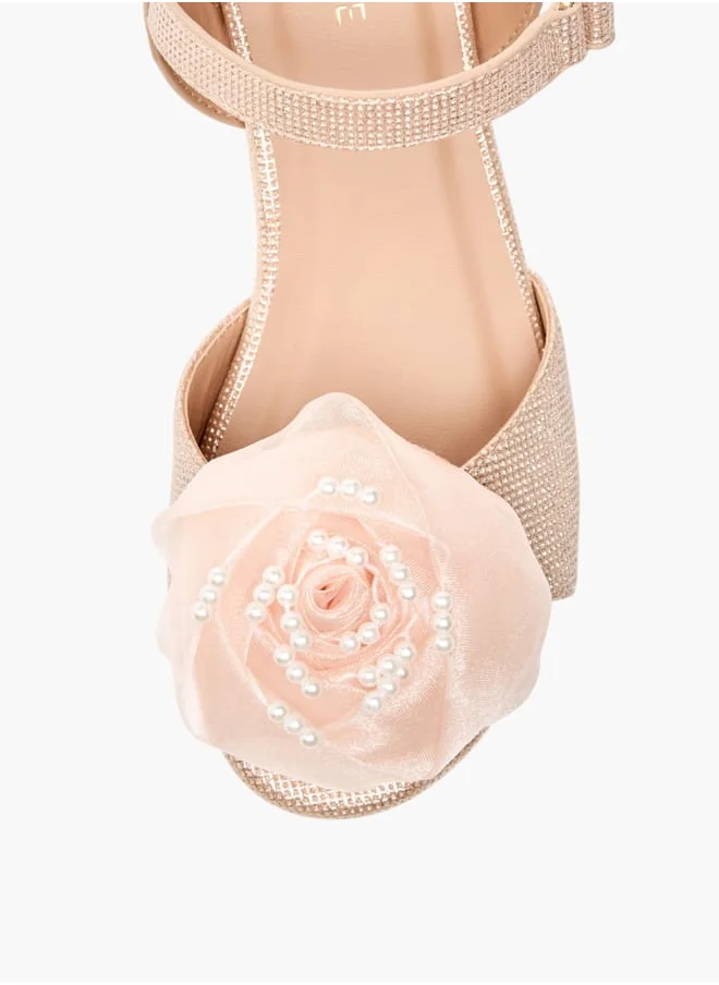 Celeste Girls Floral Applique Block Heel Sandals With Hook And Loop Closure Ramadan Collection