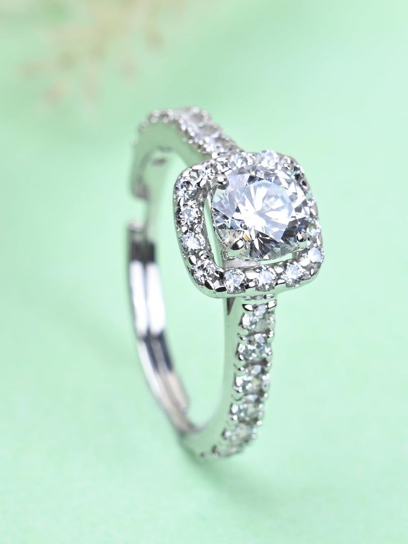 CLARA Pure 925 Sterling Silver Halo Solitaire Finger Ring with Adjustable Band | Gift for Women Girls Wife Girlfriend | Swiss Zircon Rhodium Plated - Image 2
