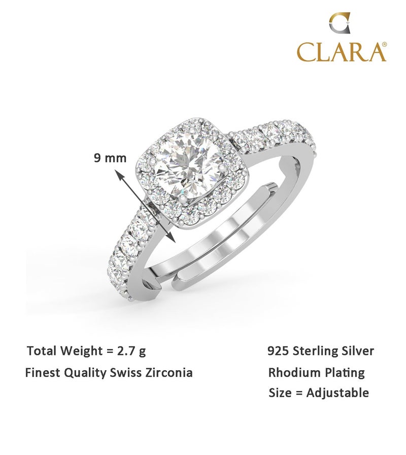 CLARA Pure 925 Sterling Silver Halo Solitaire Finger Ring with Adjustable Band | Gift for Women Girls Wife Girlfriend | Swiss Zircon Rhodium Plated - Image 3