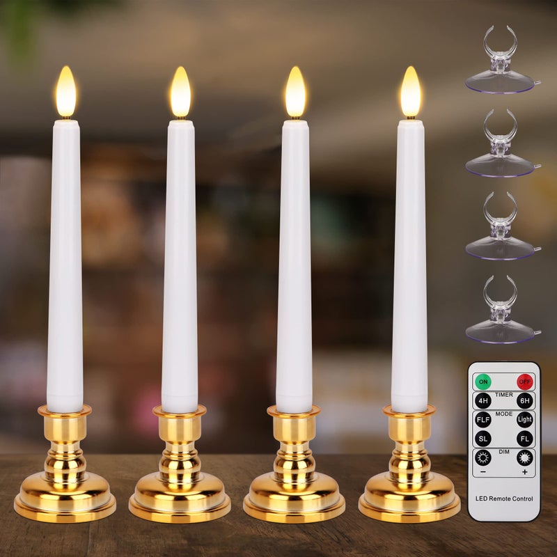 FPOO Flameless Taper Candles Flickering with Remote Timer 4PCS Battery Operated Window Candles with Gold Candlesticks and Suction Cups 8 Inch Warm White 3D Flame Candle for Home Xmas DecorWhite - Image 2