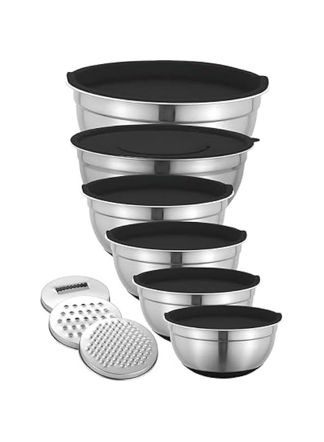 HOOKOR Durku Mixing Bowls with Airtight Lids Set, 6PCS Stainless Steel Nesting Bowls with Grater Attachments, Kitchen Bowls with Non-Slip Bottoms, Size 18,20,22,24,26,28 for Mixing & Serving (Black) - Image 1