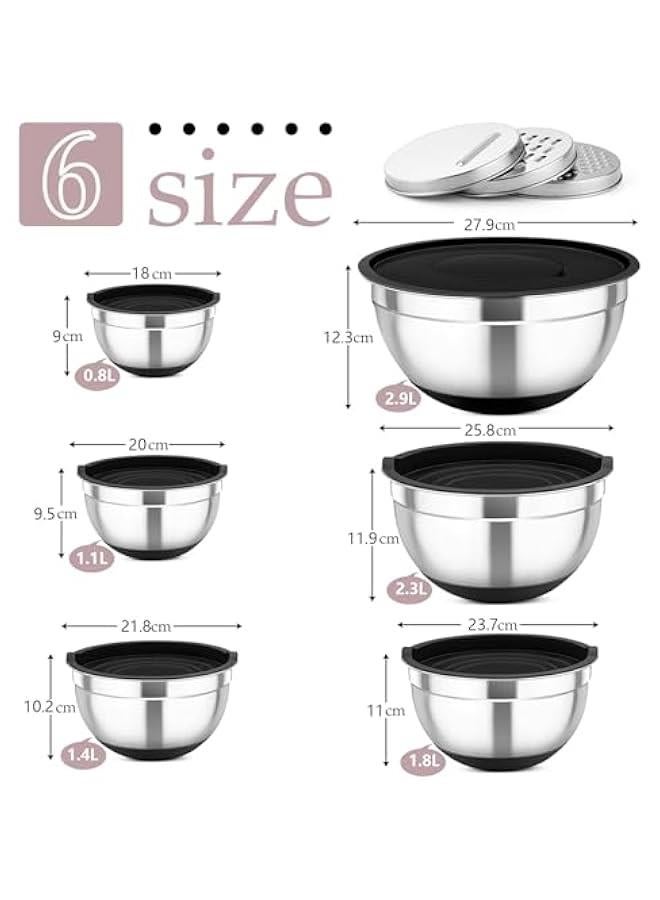 HOOKOR Durku Mixing Bowls with Airtight Lids Set, 6PCS Stainless Steel Nesting Bowls with Grater Attachments, Kitchen Bowls with Non-Slip Bottoms, Size 18,20,22,24,26,28 for Mixing & Serving (Black) - Image 2