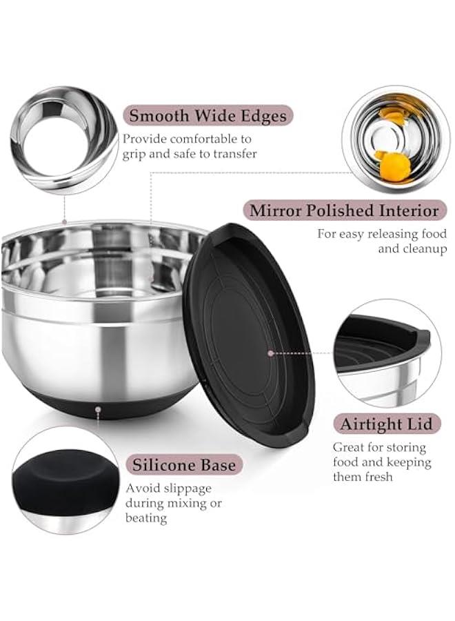 HOOKOR Durku Mixing Bowls with Airtight Lids Set, 6PCS Stainless Steel Nesting Bowls with Grater Attachments, Kitchen Bowls with Non-Slip Bottoms, Size 18,20,22,24,26,28 for Mixing & Serving (Black) - Image 3