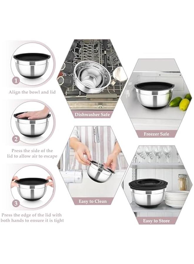 HOOKOR Durku Mixing Bowls with Airtight Lids Set, 6PCS Stainless Steel Nesting Bowls with Grater Attachments, Kitchen Bowls with Non-Slip Bottoms, Size 18,20,22,24,26,28 for Mixing & Serving (Black) - Image 5