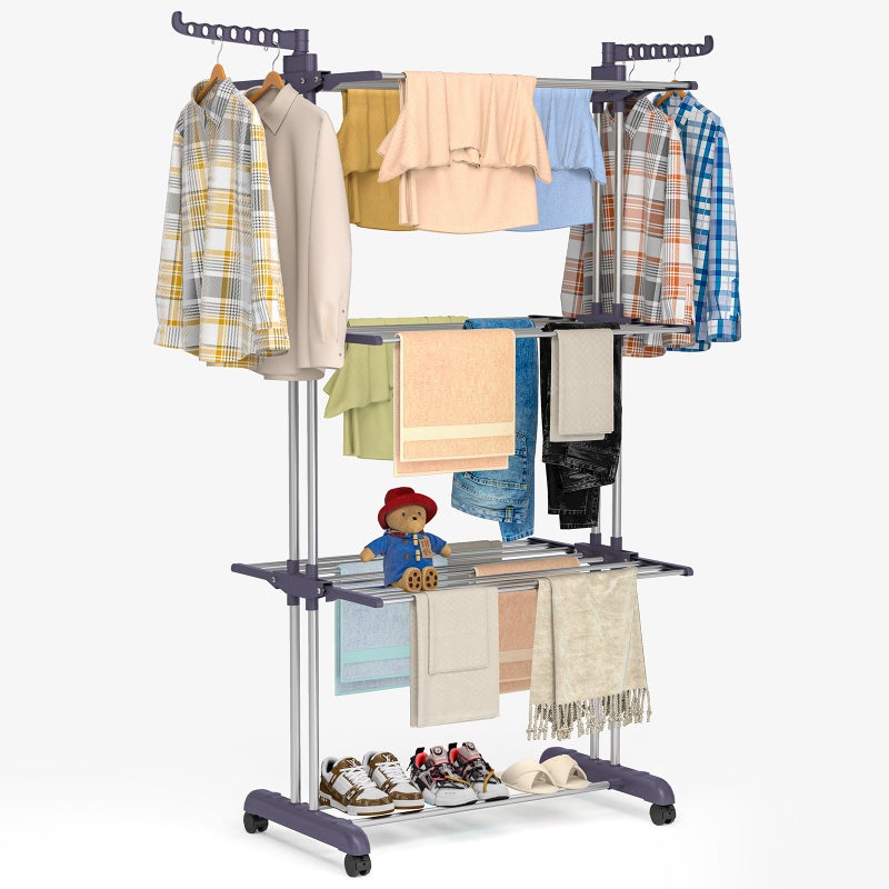 Bigzzia Clothes Drying Rack Folding Drying Rack Clothing 4 Tier Clothes Horses Rack Stainless Steel Laundry Drying Rack with Two Side Wings Grey - Image 1