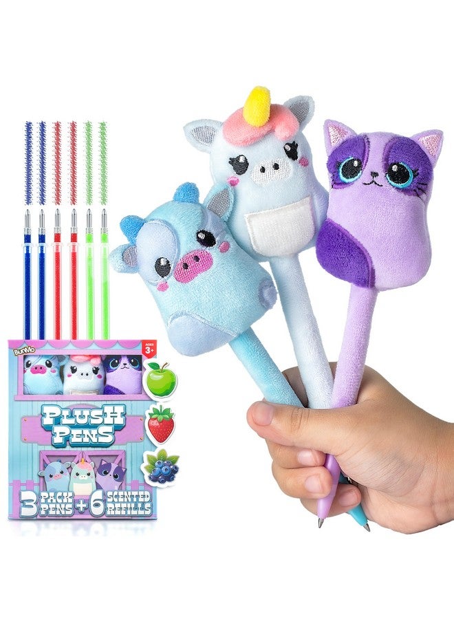 BUNMO Plush Pens 3 Pack - 6 Scented & Glittery Refills - Cute School Supplies For Girls - Plushie Pens For Kids Perfect For School - Fun Pens For Kids - Stuffed Animals For Girls Kawaii Stationery Set - Image 1