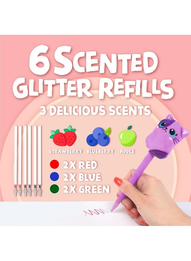 BUNMO Plush Pens 3 Pack - 6 Scented & Glittery Refills - Cute School Supplies For Girls - Plushie Pens For Kids Perfect For School - Fun Pens For Kids - Stuffed Animals For Girls Kawaii Stationery Set - Image 3