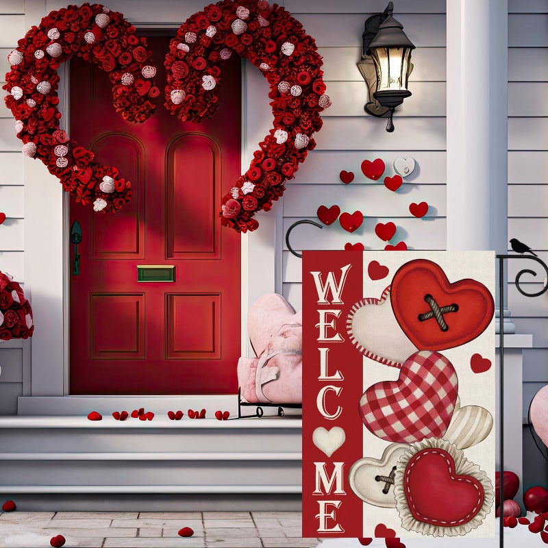 ZAEW Welcome Valentineâ€™s Day Romantic Love Hearts Garden Flag Yard Flag 12x18 Inch Double Sided Small Mini Yard Outdoor Outside Holiday Decoration - Image 4