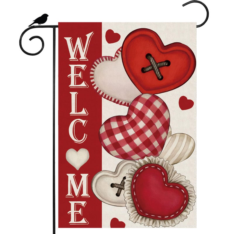 ZAEW Welcome Valentineâ€™s Day Romantic Love Hearts Garden Flag Yard Flag 12x18 Inch Double Sided Small Mini Yard Outdoor Outside Holiday Decoration - Image 1