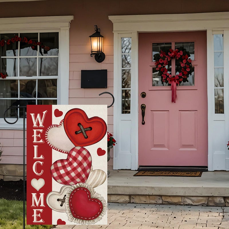 ZAEW Welcome Valentineâ€™s Day Romantic Love Hearts Garden Flag Yard Flag 12x18 Inch Double Sided Small Mini Yard Outdoor Outside Holiday Decoration - Image 5